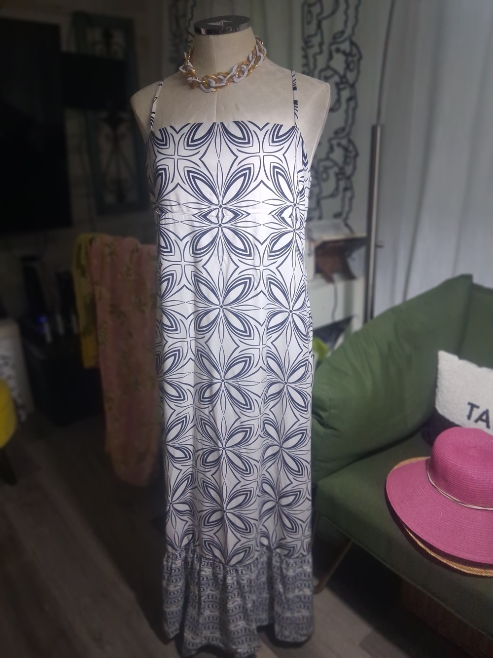 a new day Navy & White Floral Geometric Maxi Dress L